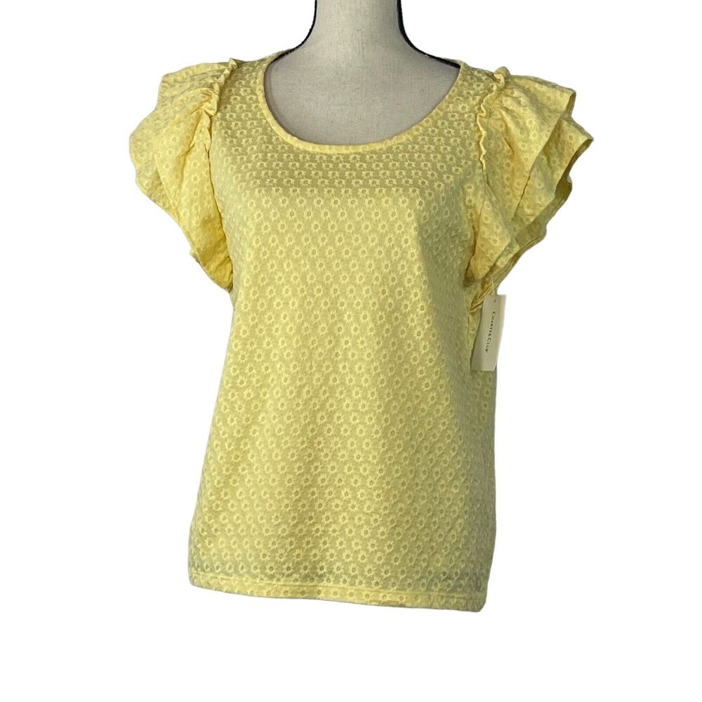 Charter Club Medium Top Eyelet Ruffled Cap Sleeves Stretch Scoop Neck Yellow New